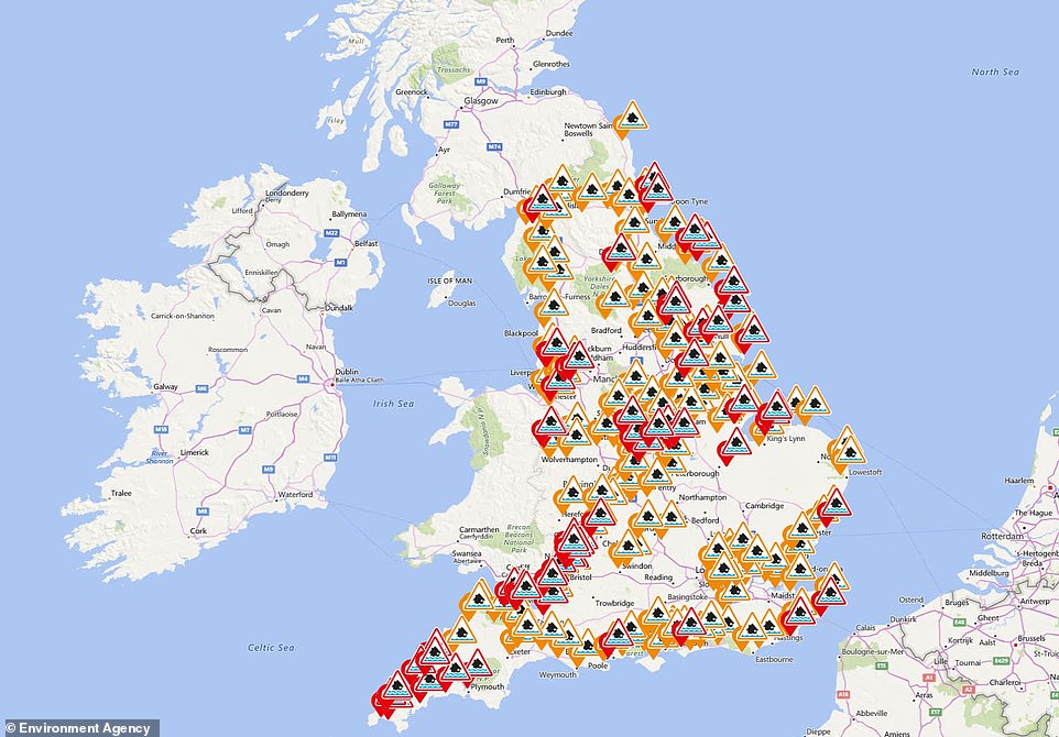 The Environment Agency has imposed more than 250 flood warnings (in red) or alerts (in orange) for England today